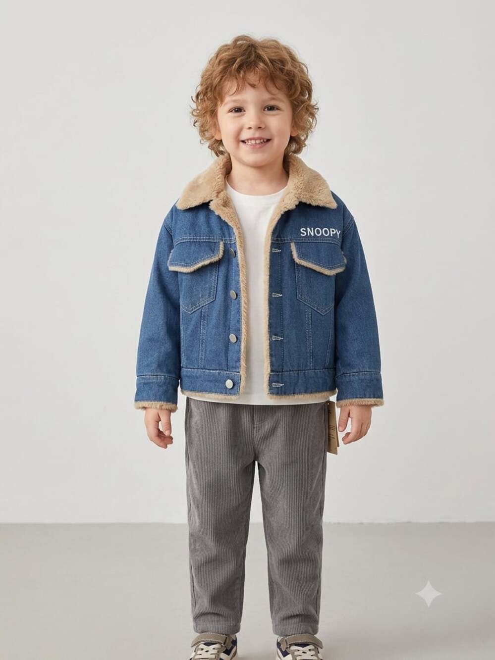 Peanuts Snoopy Kids Fleece-Lined Denim Hiking Jacket Includes Lapel Pin